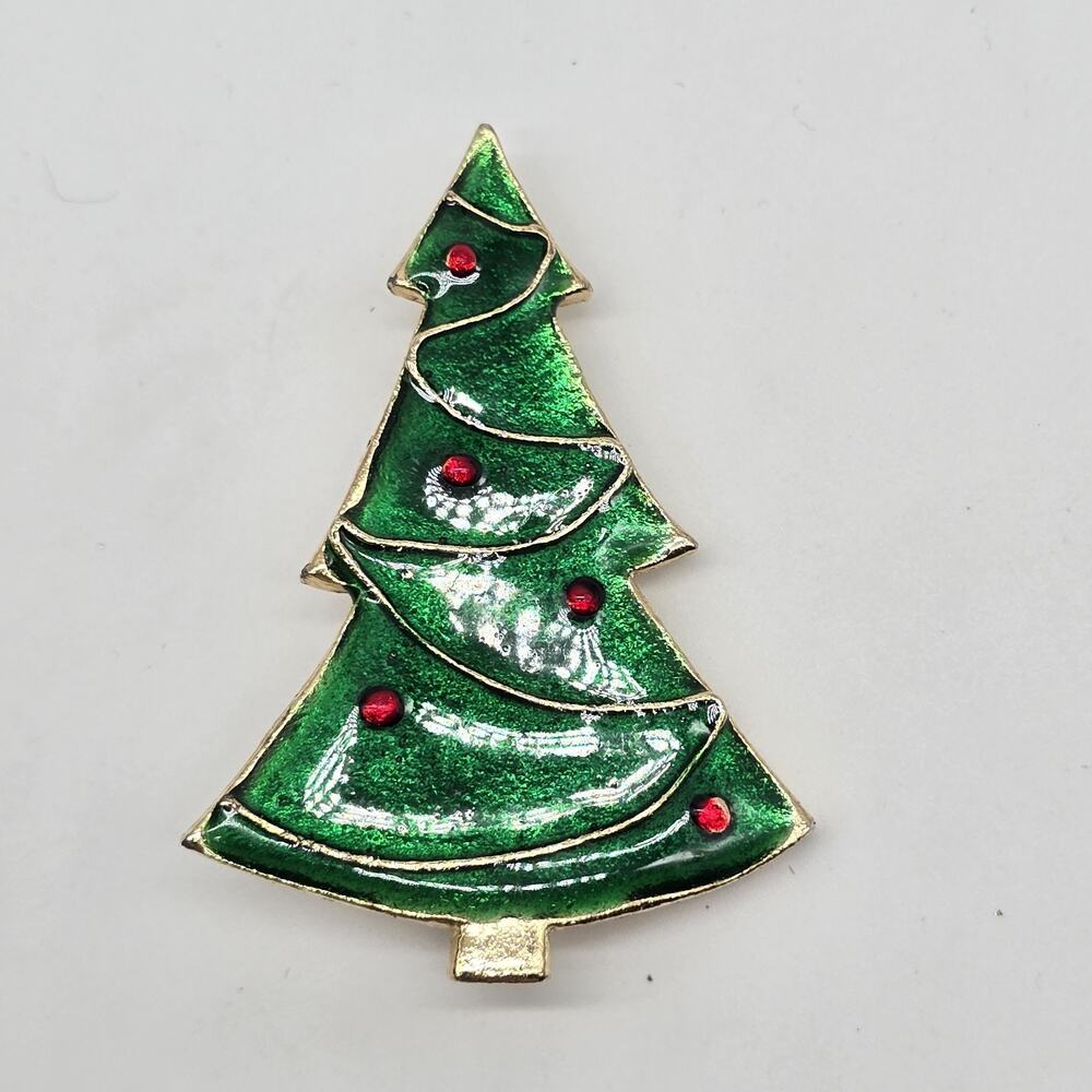 Vintage Green Enamel Christmas Tree Lapel Pin Brooch Red Ball Ornaments Holiday